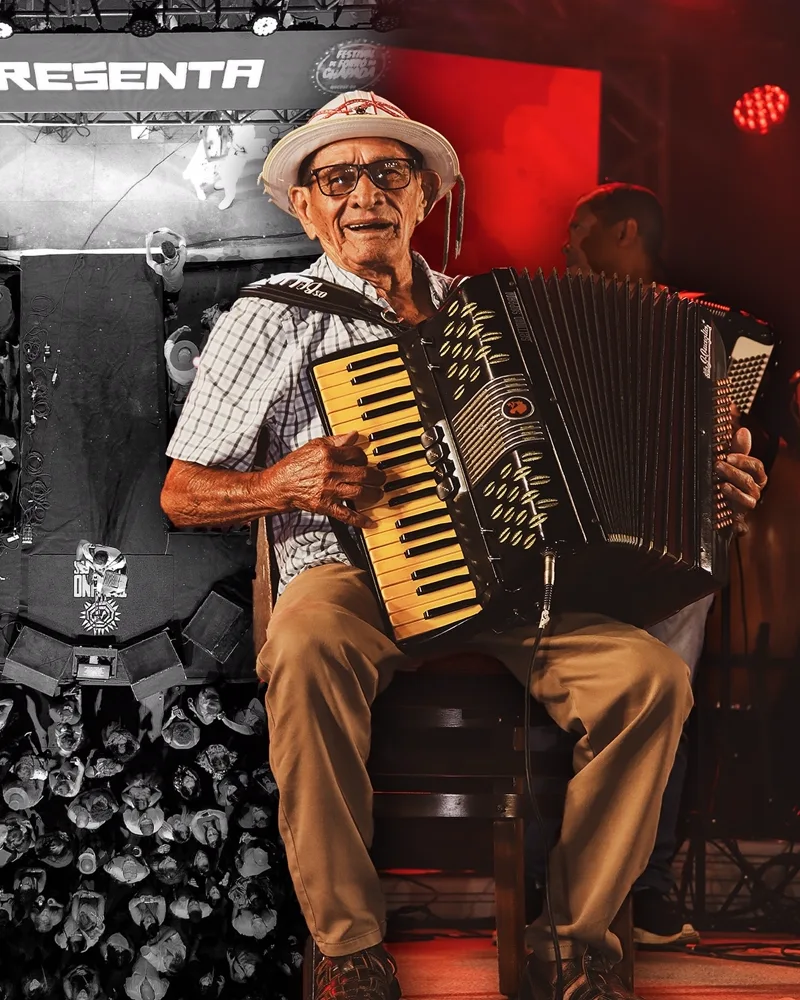 Sanfoneiro de chapéu tocando no palco sob iluminação vermelha